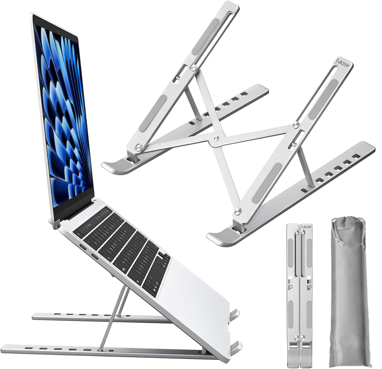 Tukzer Foldable Laptop Stand Riser for Laptop, MacBook, Notebook & Tablets up to 17 Inch, 7 Level Height Angle Adjustment, 2X Stronger M-Shape Aluminum Silicone Pads Air Ventilation (Silver)