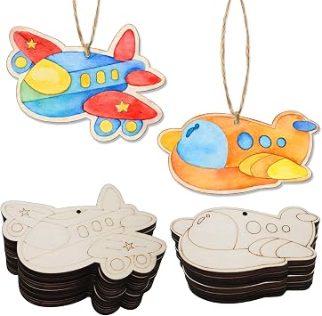 40-Pack Unfinished Airplane Wood Cutout for Crafts, 4 Inch Paintable Planes Shape Wooden Slices Predrilled DIY Airplane Ornaments for Birthday Decoration Carnival Holiday Party Hanging Decor