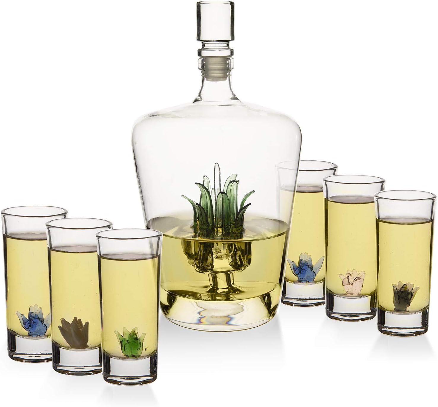 Agave Tequila Glasses & Decanter Set – Handblown 25oz Liquor Decanter & 6 Shot Glasses, 3oz Sipping Glassware – Unique Tequilas Gifts & Gift sets, Agave-Inspired Barware for Mezcal, Whiskey & Spirits