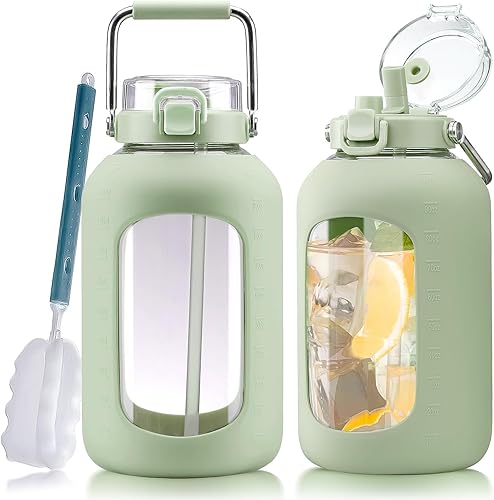Miniatura 8 de Botella de Agua de Vidrio de 84oz con Mango de Acero Inoxidable, Botella de Agua de 2.5L Galón con Tapa de Pajita 2-EN-1, Funda de Silicona y Azul