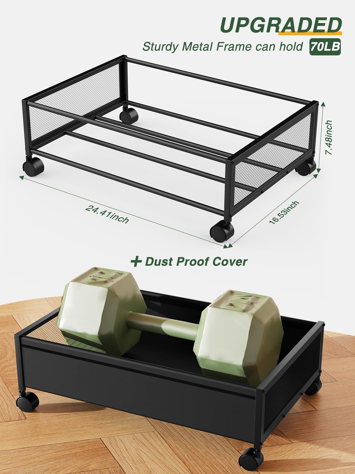LEHOM Under Bed Storage Underbed Bins Under Bed Shoe Container with Wheels and Lid Heavy Duty Metal Under-Bed Drawer Rolling Storage for Bedroom Clothes, Bedding, Shoes, Blankets (2 Packs)