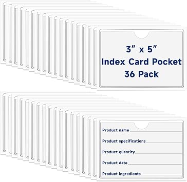 Mauproy 3" x 5" Adhesive Index Card Pockets, 36Pcs | Clear Label Holders with Top Open for Loading, Plastic Pocket Sleeves for Organizing Storage Bins, Library Cards, Shelves