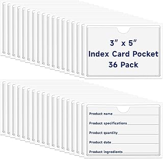 36Pcs Adhesive 3" x 5" Index Card Pockets, Clear Label Holders with Top Open for Loading, Plastic Pocket Sleeves for Organizing Storage Bins, Library Cards, Shelves