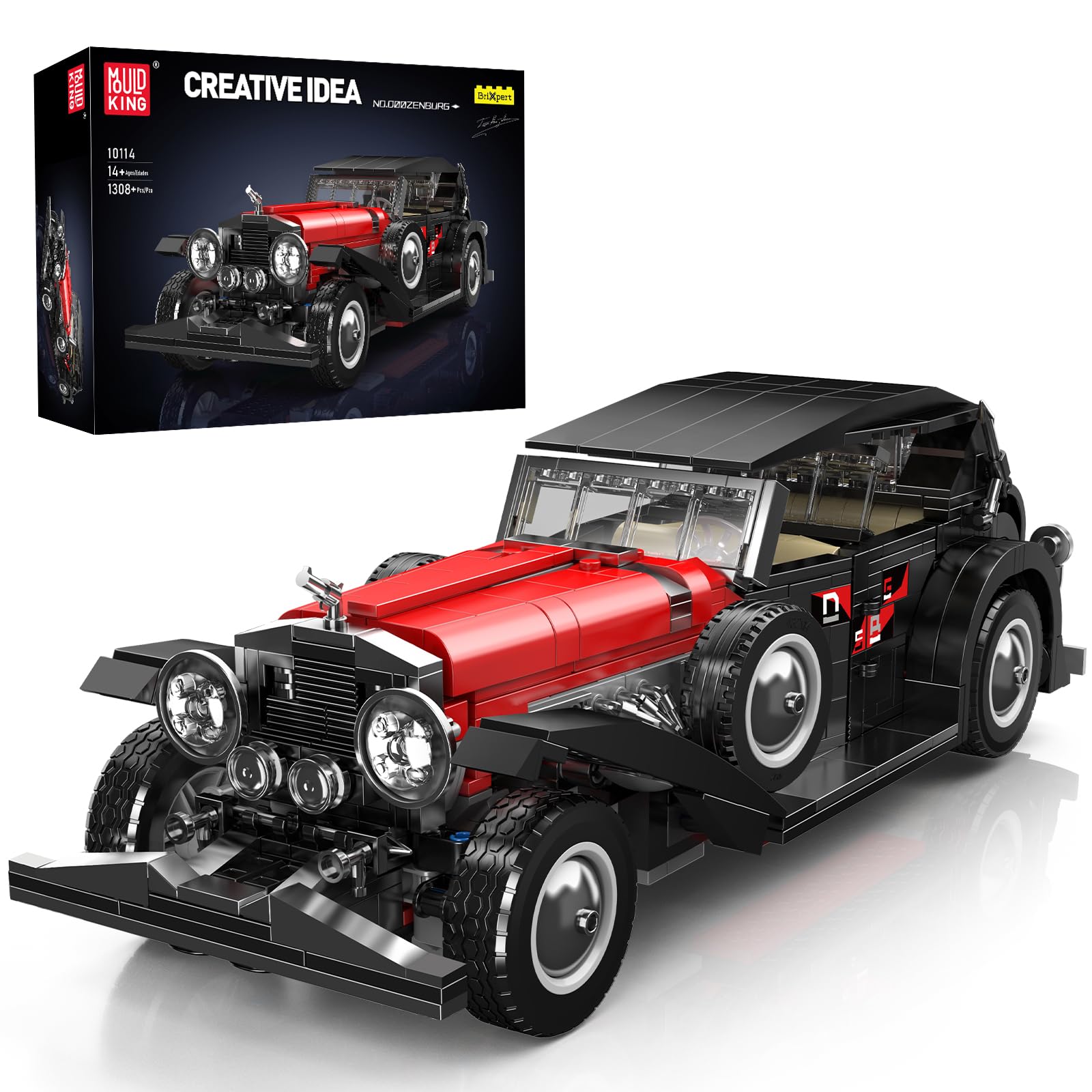 Mould King Oldtimer Modellauto Klemmbausteine Bausatz, 1308+ Teile, Klassisches Fahrzeug Sammlermodell, Statische Version – für Jugendliche ab 14 Jahren & Erwachsene