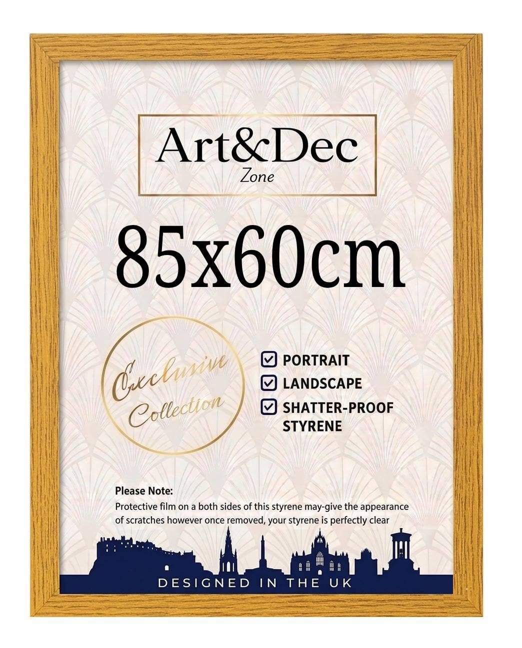 Art & Dec Zone® Sleek Oak MDF Picture Frame 85x60 cm Durable MDF Poster Frame with Clear Acrylic Protection – Wall Display for Photos, Artwork & Prints