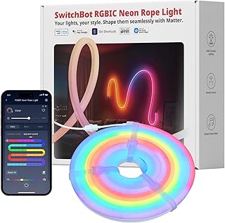 SwitchBot RGBIC Neon Rope Light, 5 m Matte Neon LED Strip Compatible with Apple Home, Alexa, Google Home, 16 Million Colou…