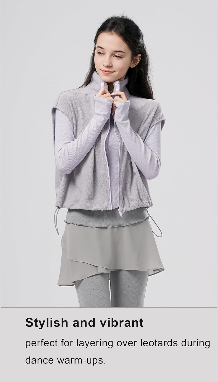 QLM Ballet Tops for Women Dance Warm-up Vest Zip Fleece Sleeveless Coat