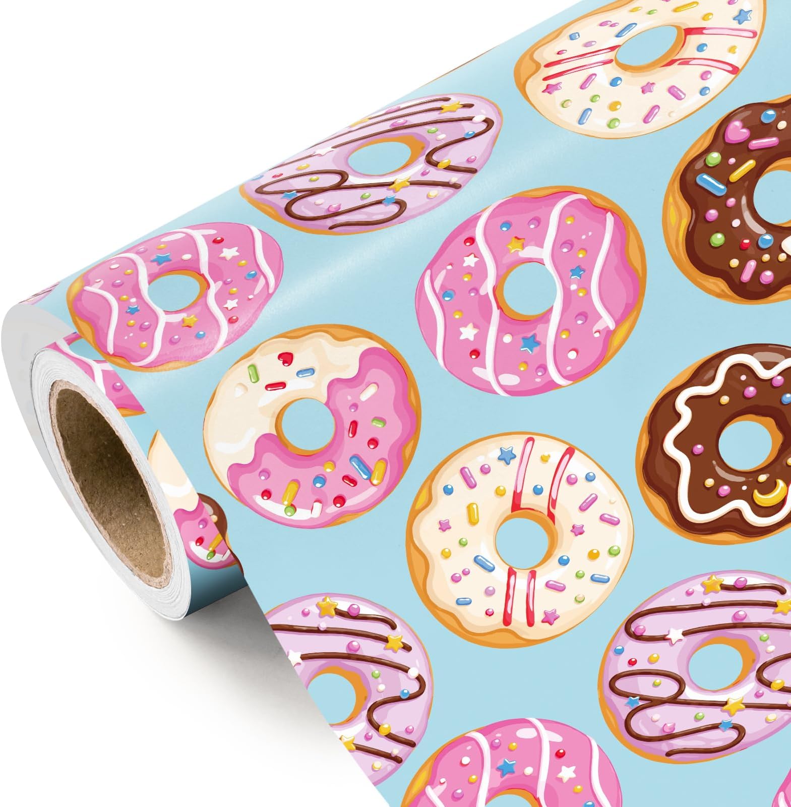 WRAPAHOLIC Donut Wrapping Paper Roll - Mini Roll - 17 Inch x 16.5 Feet - Delicious Fresh Sweet Donut on Blue Wrapping Paper for Birthday, Baby Shower, Wedding