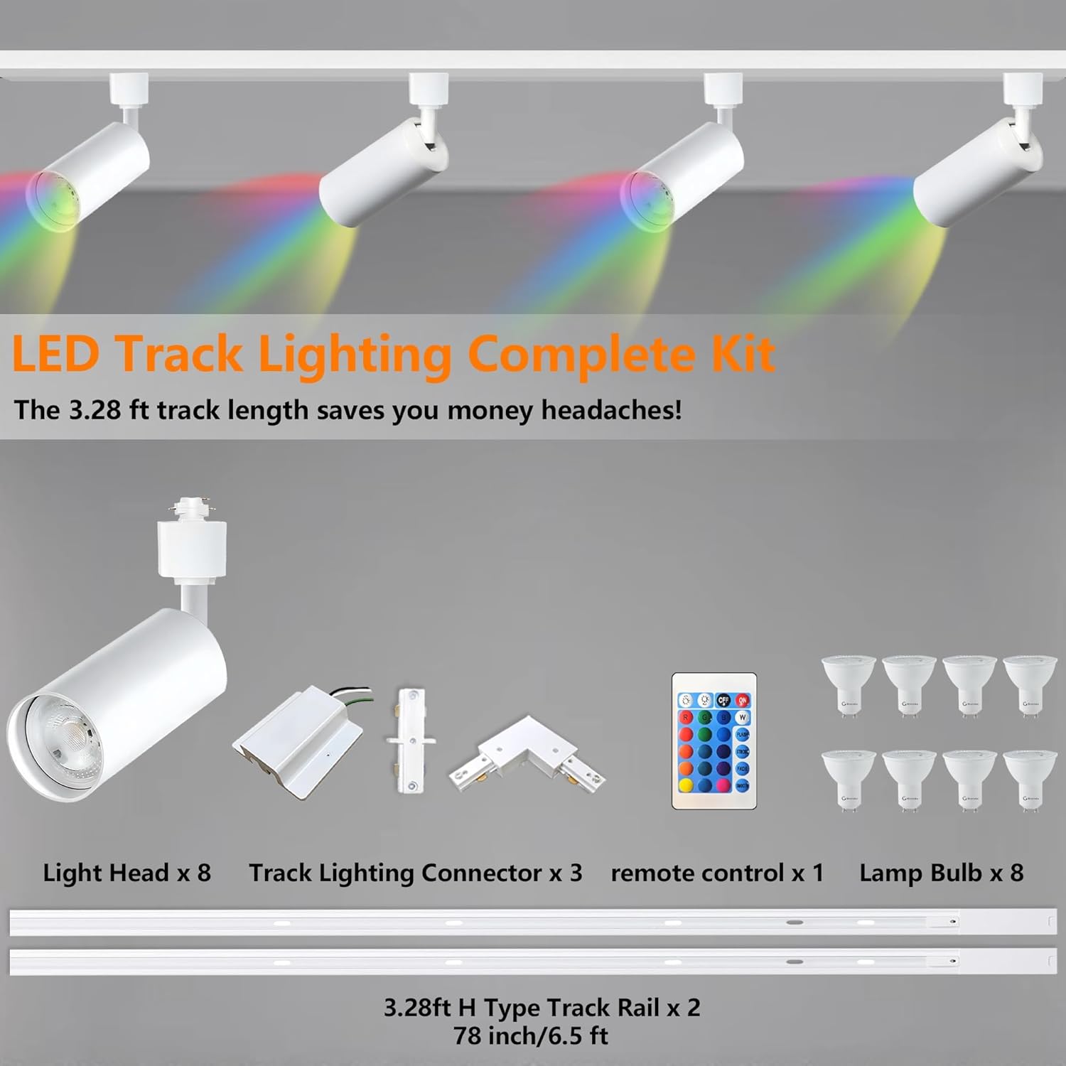 GU10 16-Color RGB Track Lighting Kit, 8-Pack Colour-Changing Spotlights with 2x3.28FT H-Rail, IR Remote RGB Track Lights for Living Room, Home Parties, Nightclubs, Bars