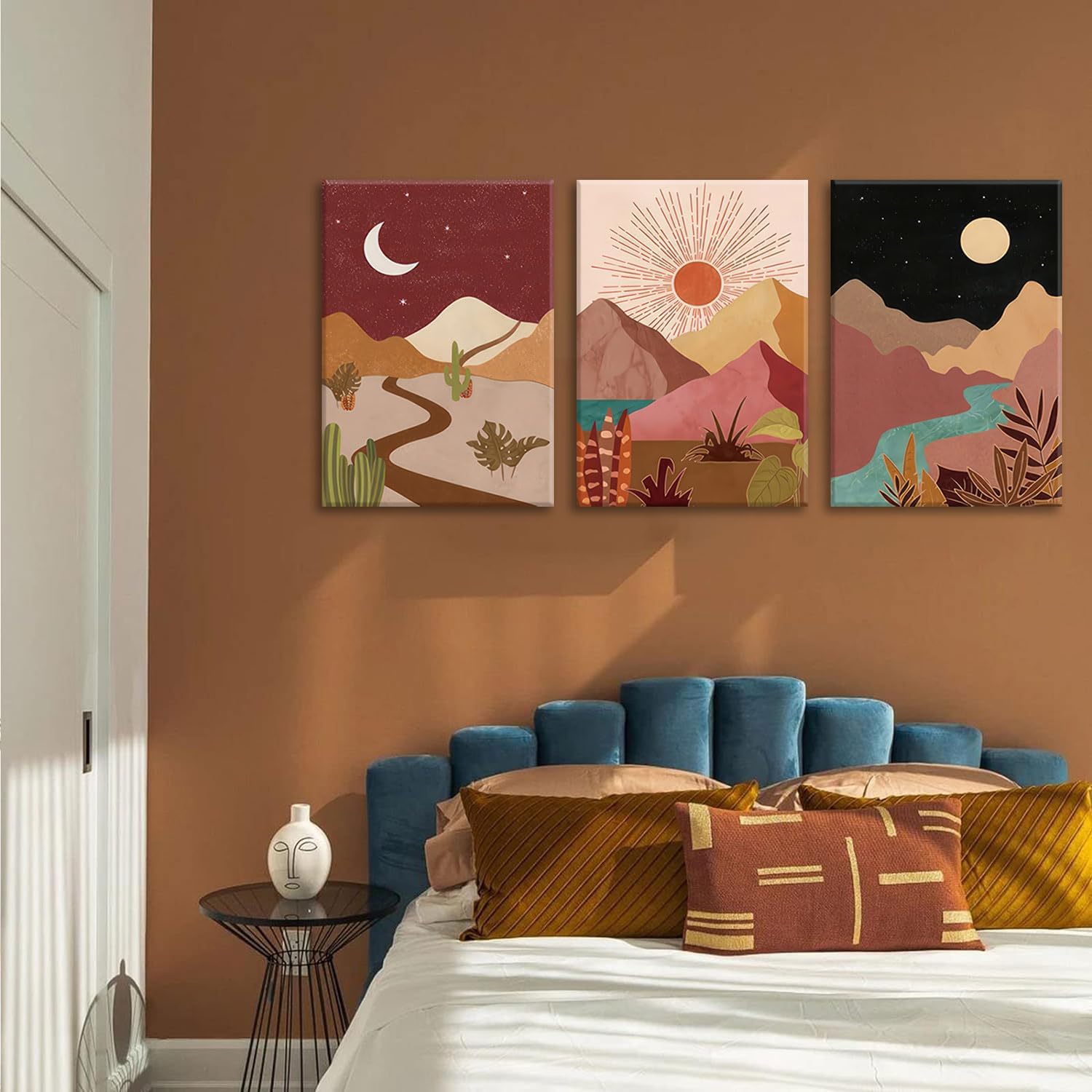 okudolit Mountain Framed Canvas Wall Art Set of 3 Mid Century Nature Landscapes Painting Colorful Sun Moon Desert Boho Modern Minimalist Wall Decor for Living Room Bedroom Office-12x16in