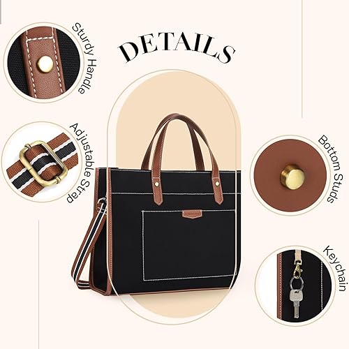 Miniatura 5 de Missnine Bolsa de lona para laptop de 15.6 pulgadas, bolsa de hombro de trabajo, maletín casual para viajes, oficina, universidad (negro + marrón),