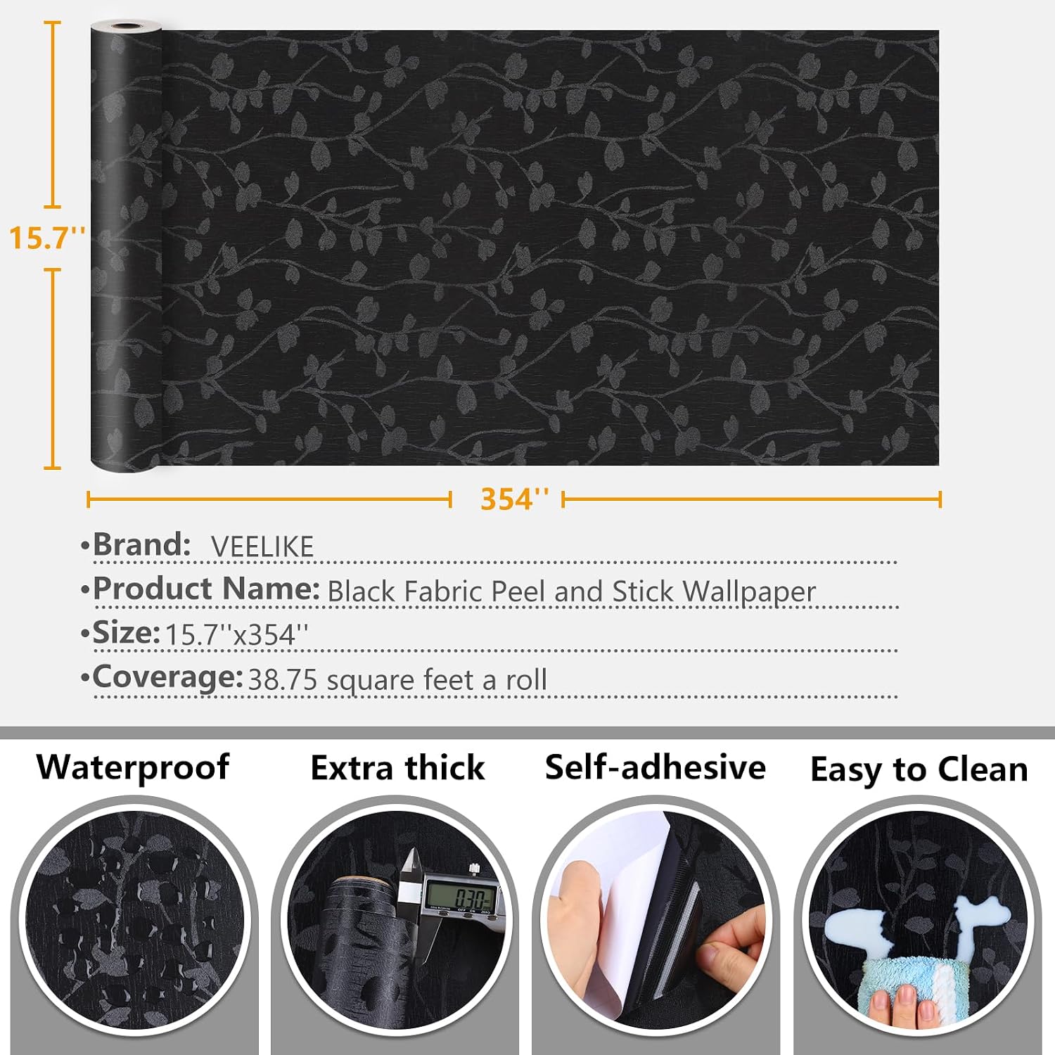 VEELIKE Vintage Black Wallpaper Peel and Stick Black Contact Paper for Cabinets Shelves Accent Wall 15.7''x354'' Waterproof Self Adhesive Vinyl Removable Textured Dark Wall Paper for Bedroom Bathroom