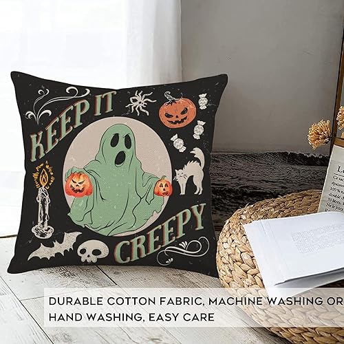 Miniatura 2 de Smilyard Fundas de almohada vintage de Halloween, fantasma negro y verde que lo mantiene espeluznante, calabaza, asustado, gato, murciélago, araña,