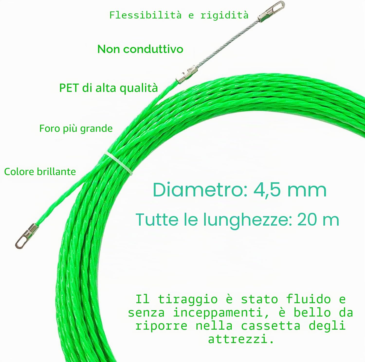 Sonda Passacavi Professionale,Sonda Elettricista 4.5mm 20 Metri,Sonda Tiracavi Cavo con 2 Molla di Guida per Installazione di Cavi,Estrattore Cavi Per Cavi Elettricista (Verde)