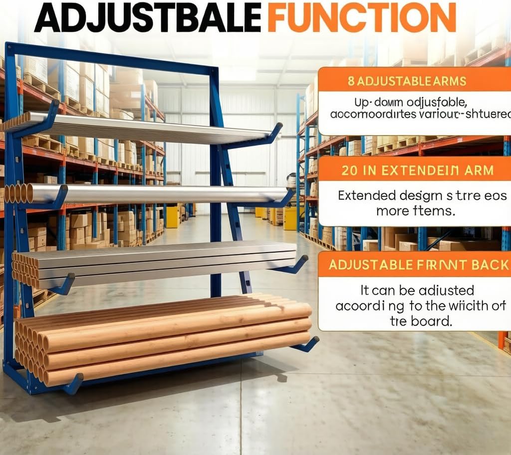 4-Tier Horizontal Lumber Storage Rack, 4000LBS Alloy Steel Utility Cantilever Rack, Heavy Duty Lumber Organizer Shelf with Adjustable Arm, 48 ×16 × 62in Pipe Storage Rack, for Garage, Workshop, Pantry