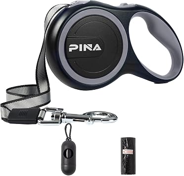 PINA Retractable Dog Leash, 26ft Dog Leash for Small Medium Large Dogs Up to 110lbs, 360 Tangle-Free Strong Reflective Nylon Tape, with Anti-Slip Handle, One-Handed Brake, Lock - Black Gray