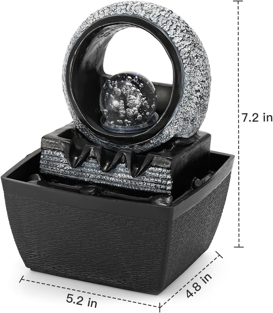Tabletop Water Fountains, 3 Gears Desktop Fountain Indoor with Led Rolling Ball, Table Top Small Water Feature Interior Zen Relaxation Decor for Home Bedroom Living Room Office Apartment