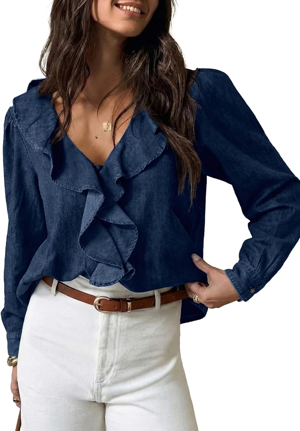 Sidefeel Womens Denim Shirt Ruffled Edge V Neck Casual Long Sleeve 2026 Fall Jean Blouses Tops