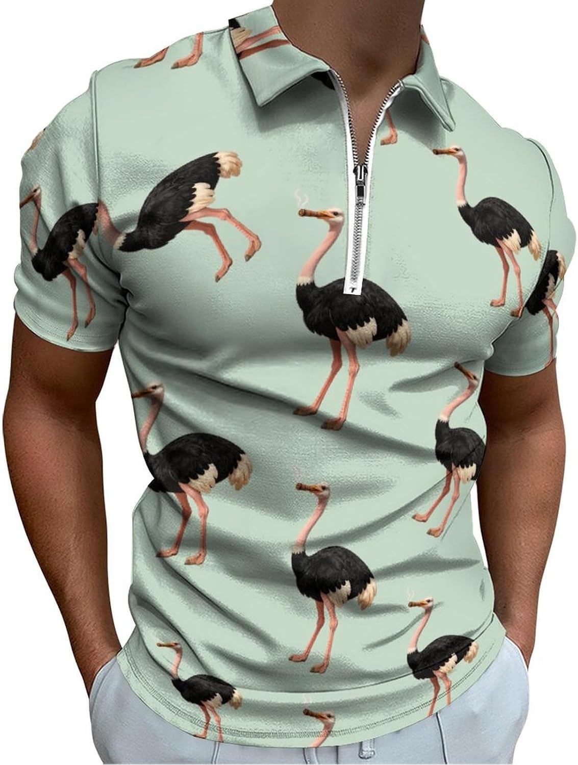 Ostrich Smoking Polo Shirts for Men Short Sleeve Athletic Golf Tees Tops | Casual Summer Zippered V Neck Mens T-shirts Sports Quick Dry Tennis