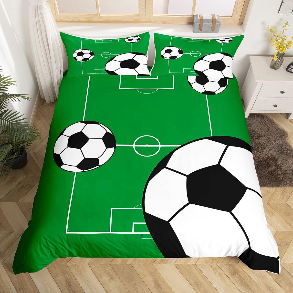 Homewish Kids Football Bedding Double for Teenagers Boys - Black Soccer Field Duvet Cover Set - Modern Football Court Print Quilt Cover with 2 Pillowcases Sports Themed Bed Set Soft Microfibre