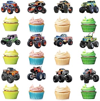 24 PCS Monster Truck Cupcake Toppers Truck Car Theme Birthday Party Decorations Racing Car Theme Birthday Decoration for Boys Girls Baby Shower Kids Cake Decorations Party Decor Party Supplies