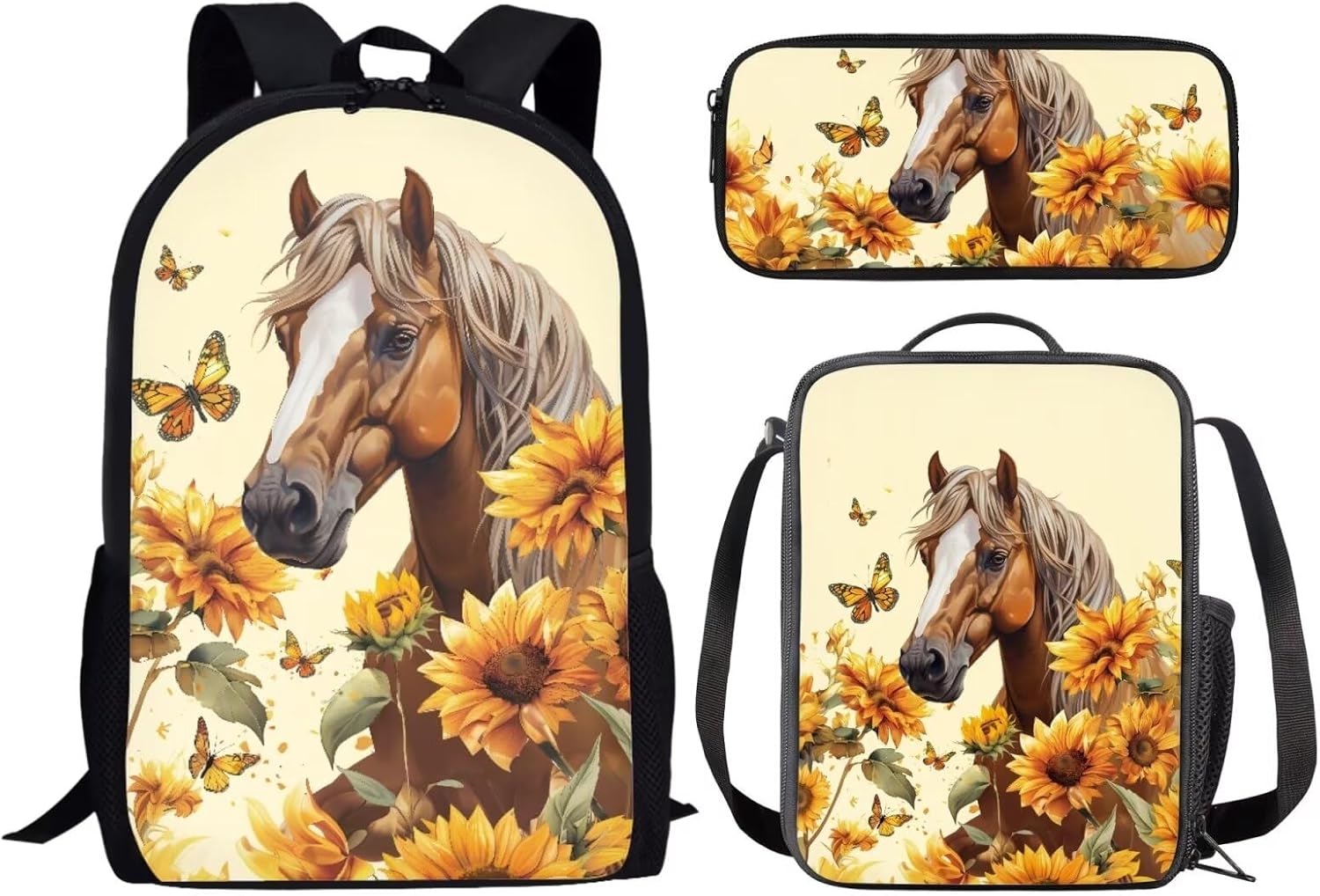 Renewold 3pcs Kids Teens Backpack Set Wolf Flower Print with Lunch Box Pencil Case Preschool Primary Middle School Student Bookbag School Backpacks Laptop Backpack Boys Girls Book Bag