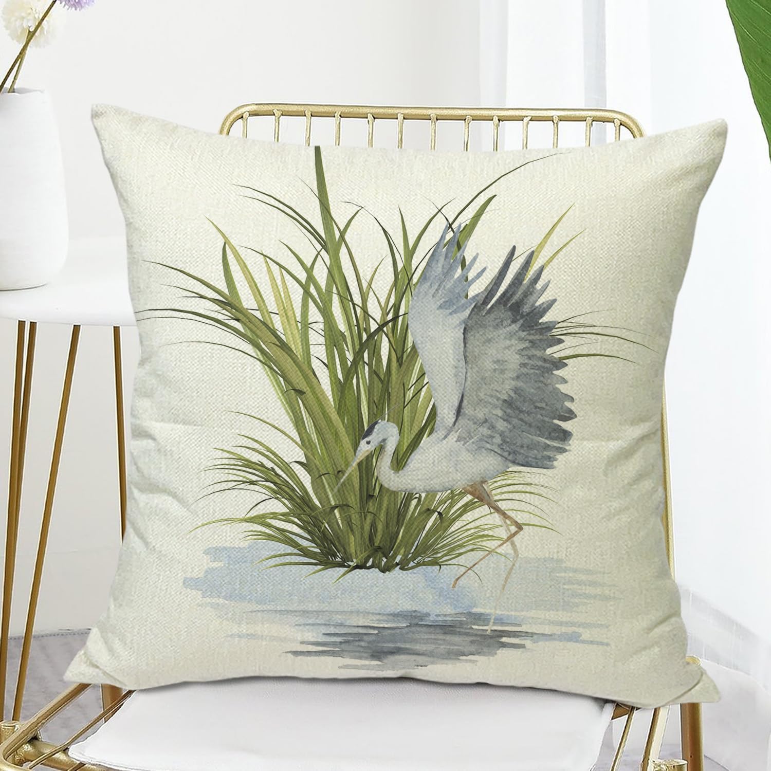 Linen Square Pillow Covers Watercolor Heron Bird 18 x 18 Decorative Cushion Cover Pillowcase for Couch - Image 4