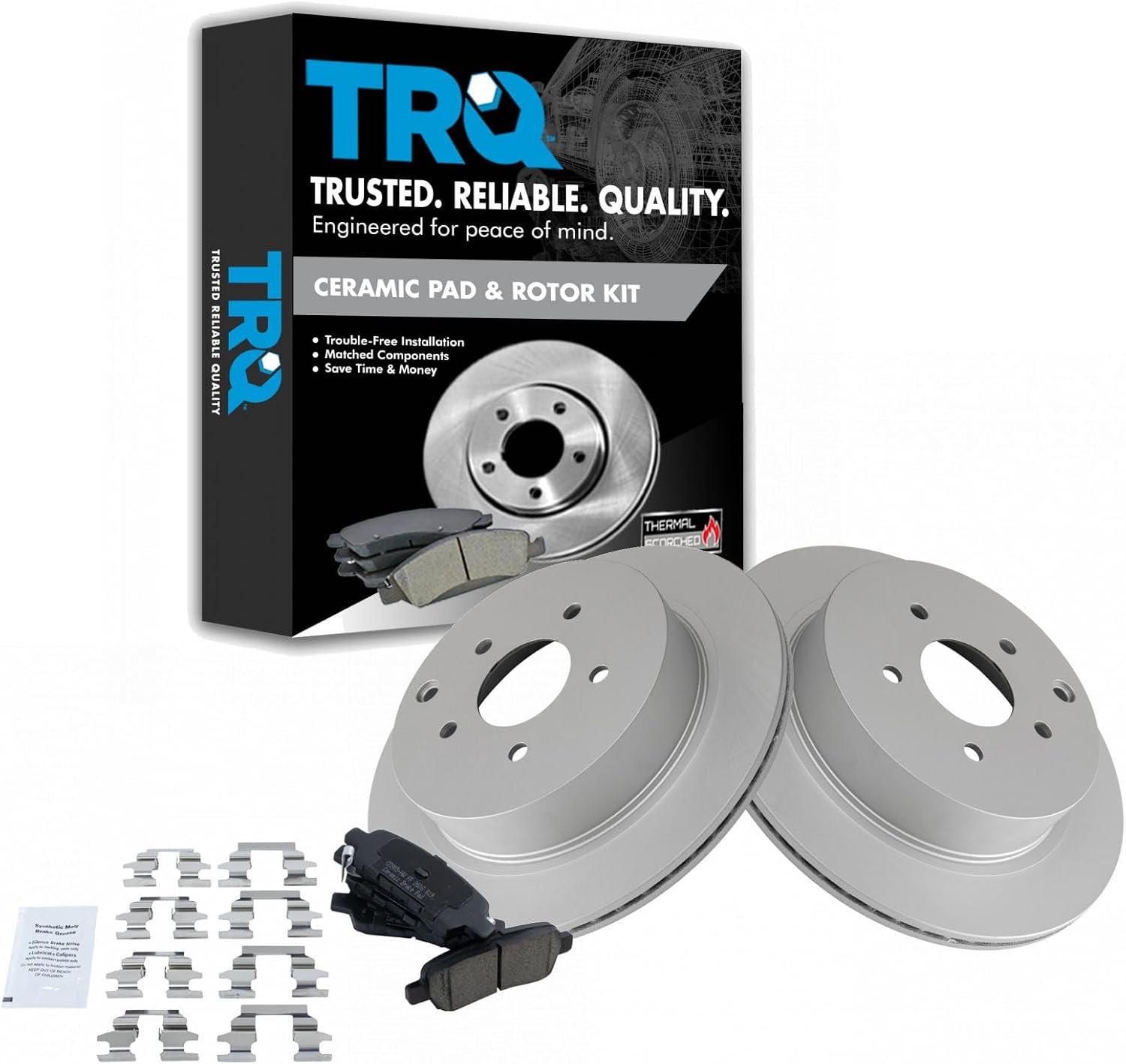 TRQ Rear Brake Pad & Rotor Set Ceramic Coated Compatible with 2003-2023 Nissan Murano 2013-2020 Pathfinder 2004-2017 Quest 2013 JX35 2014-2020 Infiniti Q50 Q60 Q70 QX60 QX70 2003-2013 FX35 FX37 FX45