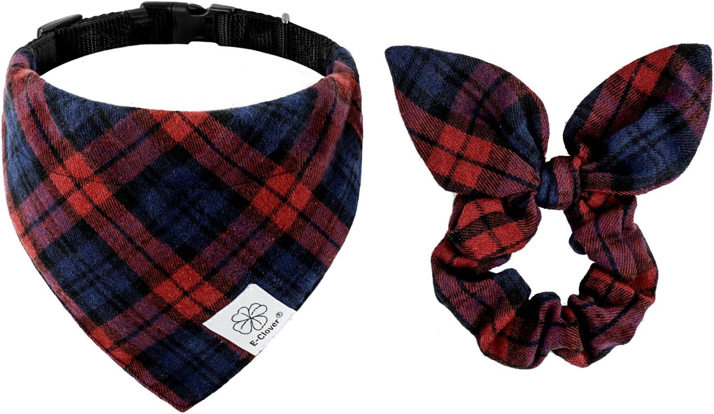 EClover Christmas Dog Collar Plaid Dog Bandana Collar & Matching Scrunchie Girl