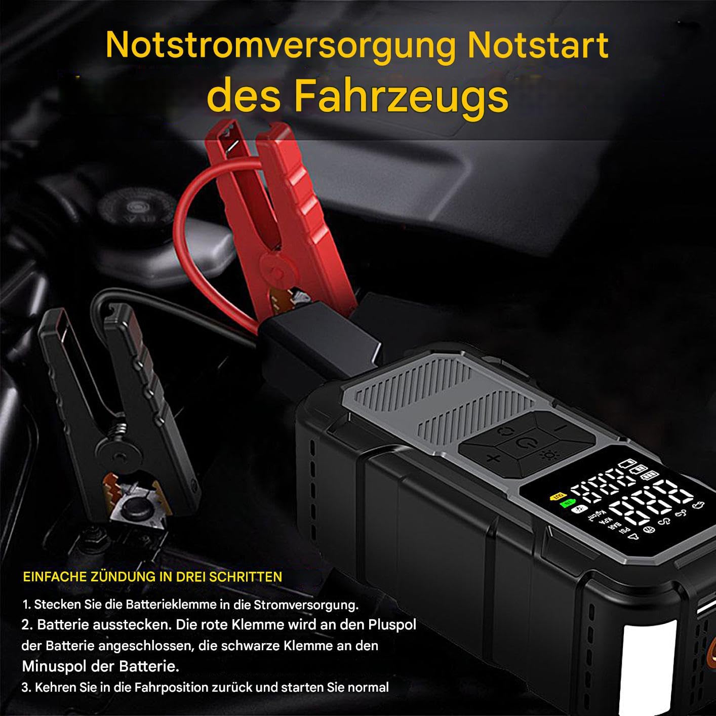 Avviatore di Emergenza Portatile Batteria Portatile 12V con Cavi | Batteria di Avviamento Veicoli con Compressore d'Aria Per Professionisti, Autisti, Guida Quotidiana, Viaggi Lunghi, Strada