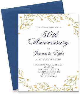Custom 25th, 50th, 60th Wedding Anniversary Invitations Blue and Gold, Vow Renewal Invitation Cards and Envelopes, Elegant Anniversary Party Invites, Your Choice of Year, Quantity, & Envelope Color
