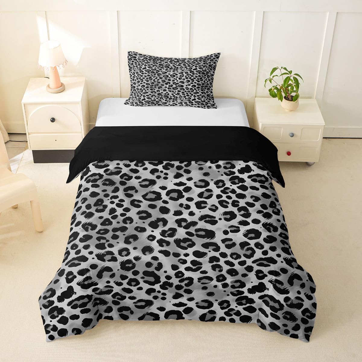 Feelyou Gray Leopard Print Duvet Cover Toddler Size Animal Cheetah Printed Bedding Set for Boys Girls Wildlife Animal Comforter Cover Bedroom Decor 2Pcs No Comforter Zipper Closure with 1 Pillowcase