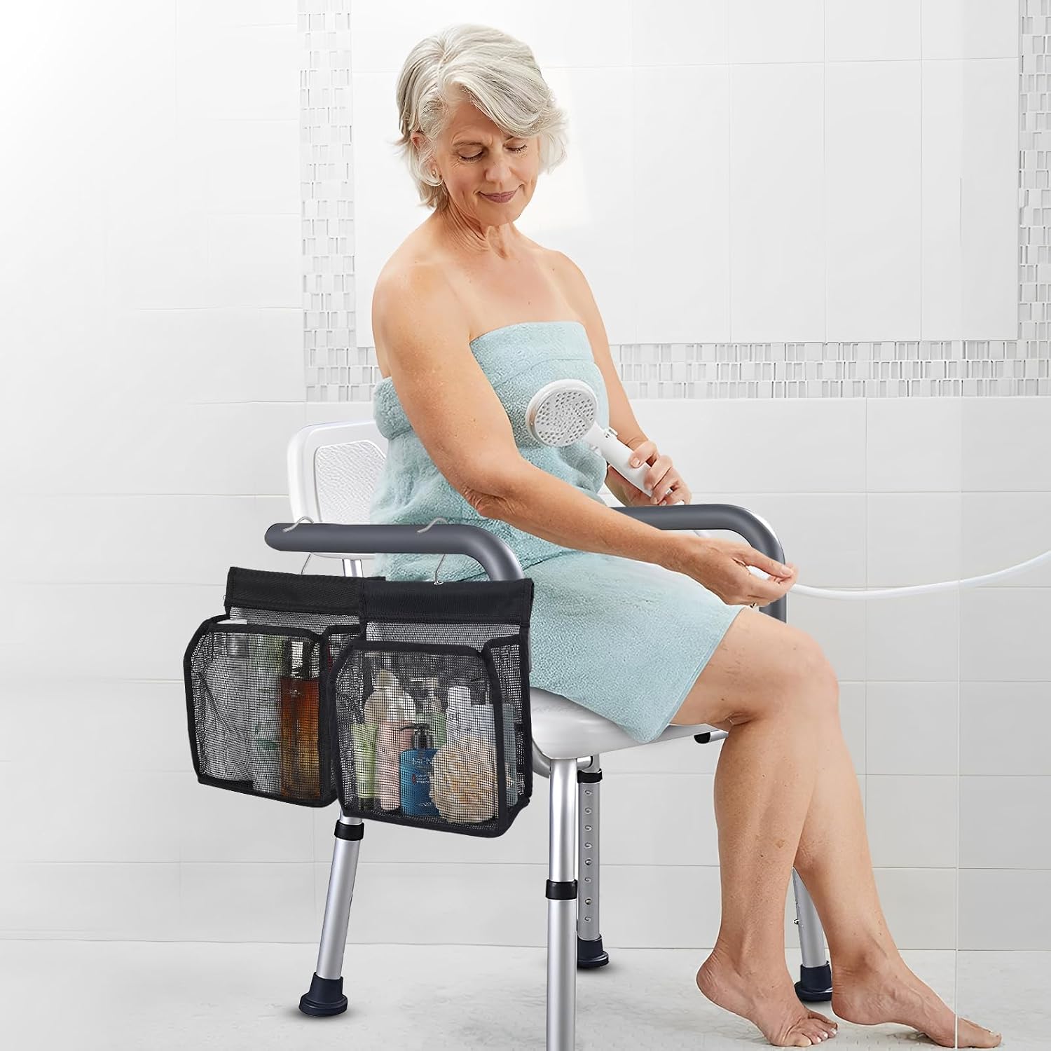 2 Pack Hanging Shower Caddy for Shower Chair, Mesh Shower Caddy with Hooks for Elderly, Pregnant, Patient, and Disabled, Also Suitable for Dorm, Gym, RV, Travel and Kitchen