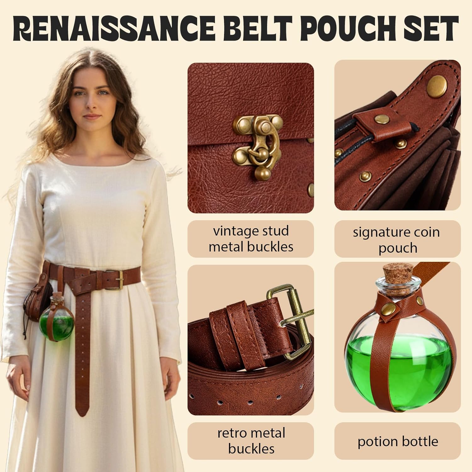 Renaissance Belt Pouch Medieval Viking Pirate Leather Bag Potion Bottle Set Skirt Hike Halloween Cosplay Costume Accessorie (Bottle 2Pouch-Brown, Belt Pouch)