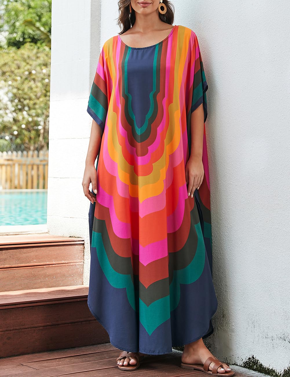Bsubseach Vestido de playa para mujer, caftán turco, largo, para cubrir el traje de baño, A-colorido Geometría, Talla única