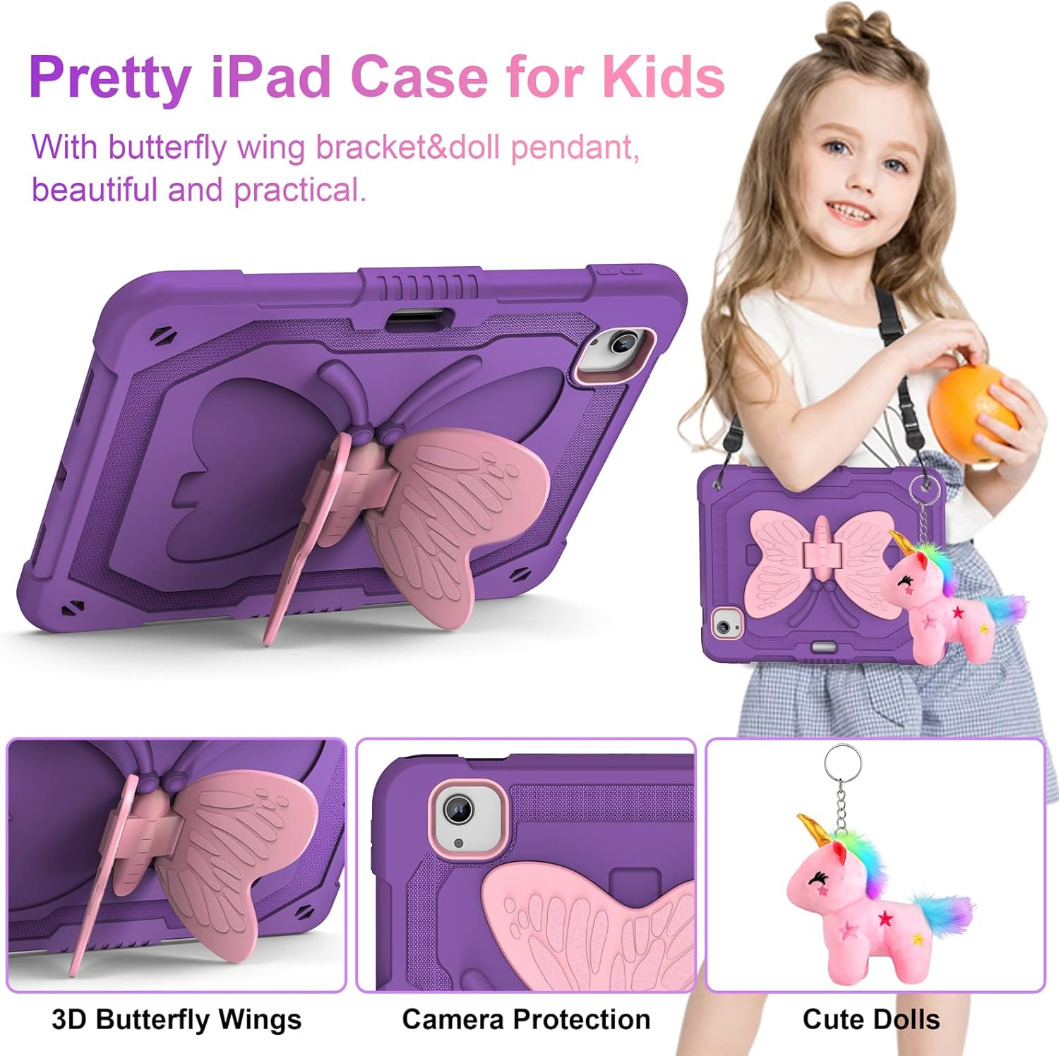 for iPad Air 5th/4th Generation Case with Screen Protector, for iPad Pro 11 Inch Case Butterfly Stand Strap Dolls Pencil Holder Kids Girls Hard Cover for iPad Air 4th 5th 10.9/iPad Pro 11 2022-Purple