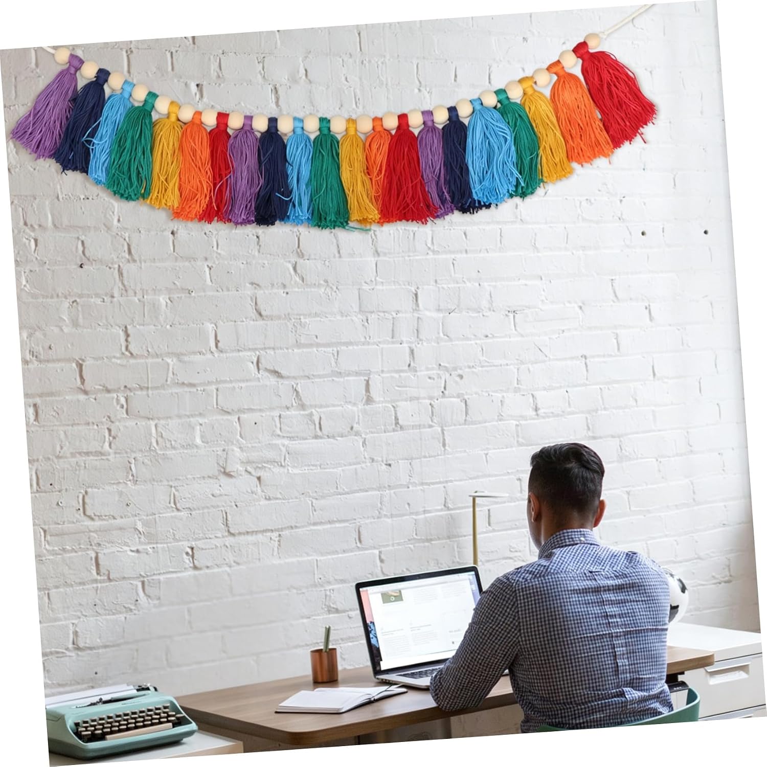 Colorful Wooden Bead Wall Hanging Tassel Garland Handmade Home Decor Accent for Living Room Nursery Bedroom Decoration
