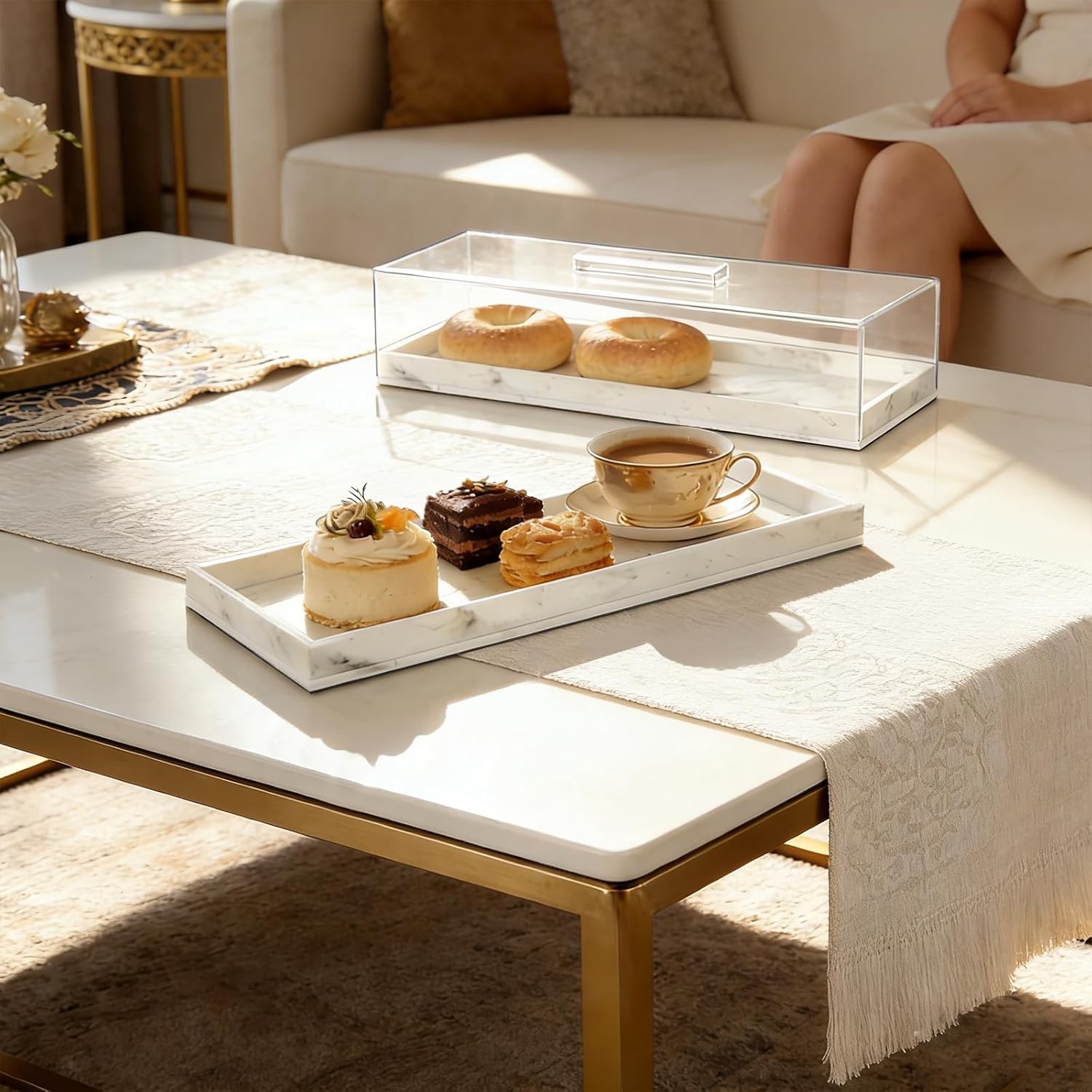 Acrylic Rectangular Cake Tray - Multifunctional Cake Stand with Cover Lid (2PCS)