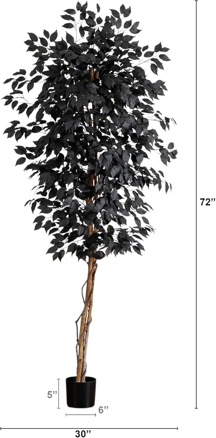 Nearly Natural 6ft Artificial Halloween Black Ficus Tree with Natural Trunk - Indoor Decor for Spooky Atmosphere