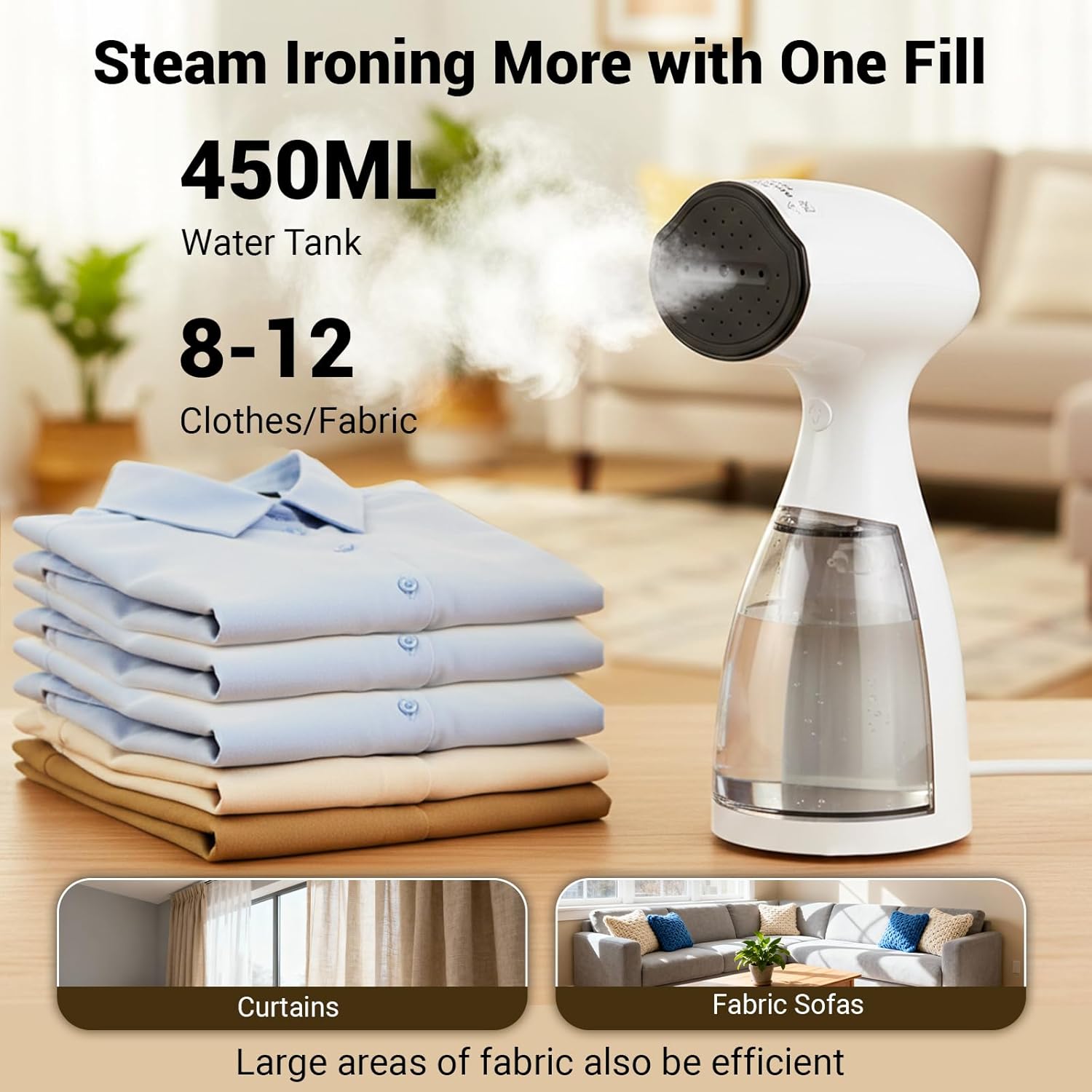Handheld Steamer for Clothes Wrinkle Removes,110V to 220V Garment Steamer for Multiple Countries,1000W,Large Water Tank 450 ML,10 FT Power Cord,35s Fast Heating (white)