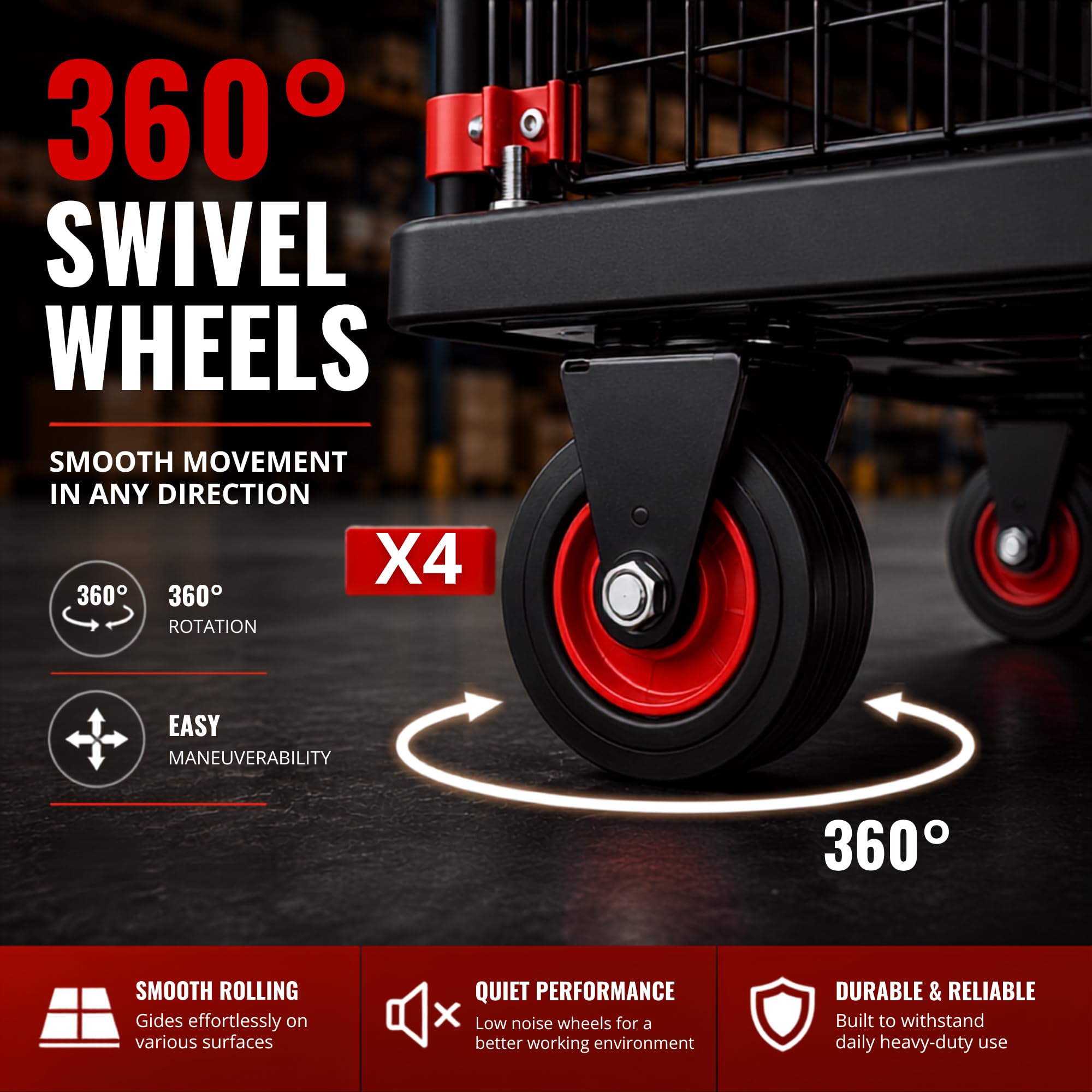 Carro Plataforma Plegable, Jaula Metálica, Soporta 200 kg, 4 Ruedas 360° | Plataforma de 66 × 48 cm, Asa Acolchada y Cuerdas de Sujeción