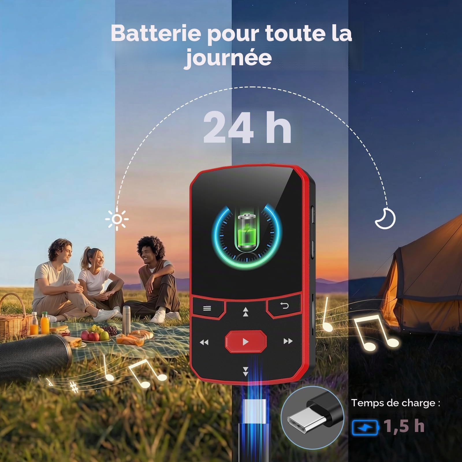 Lecteur MP3 64Go Bluetooth 5.3, Mini Portable 29g Fonction Reprise, Baladeur Numérique Sport Clip avec Boutons Physiques pour Utilisation à l'Aveugle, Radio FM, Dictaphone, Extensible jusqu'à 128Go