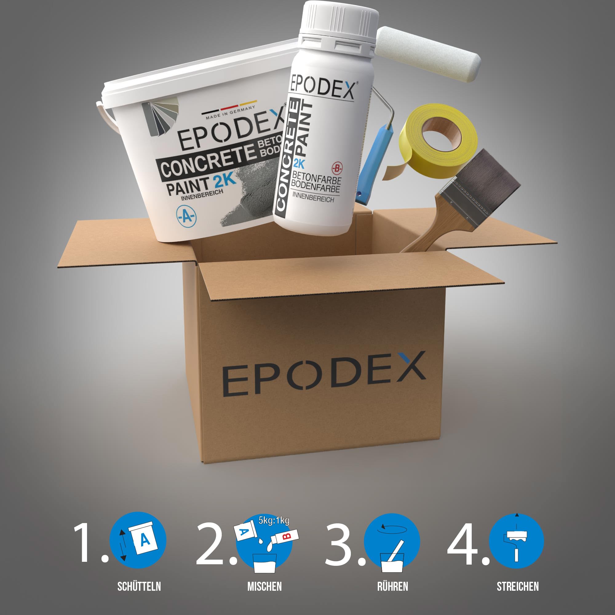 EPODEX 2K Betonfarbe, Bodenfarbe - 6kg - Lichtgrau | 2K Epoxidharz Bodenbeschichtung, Garagenbodenbeschichtung, Keller, Garage, Werkstatt, wasserfest, Innen-15m² für 2 Anstriche