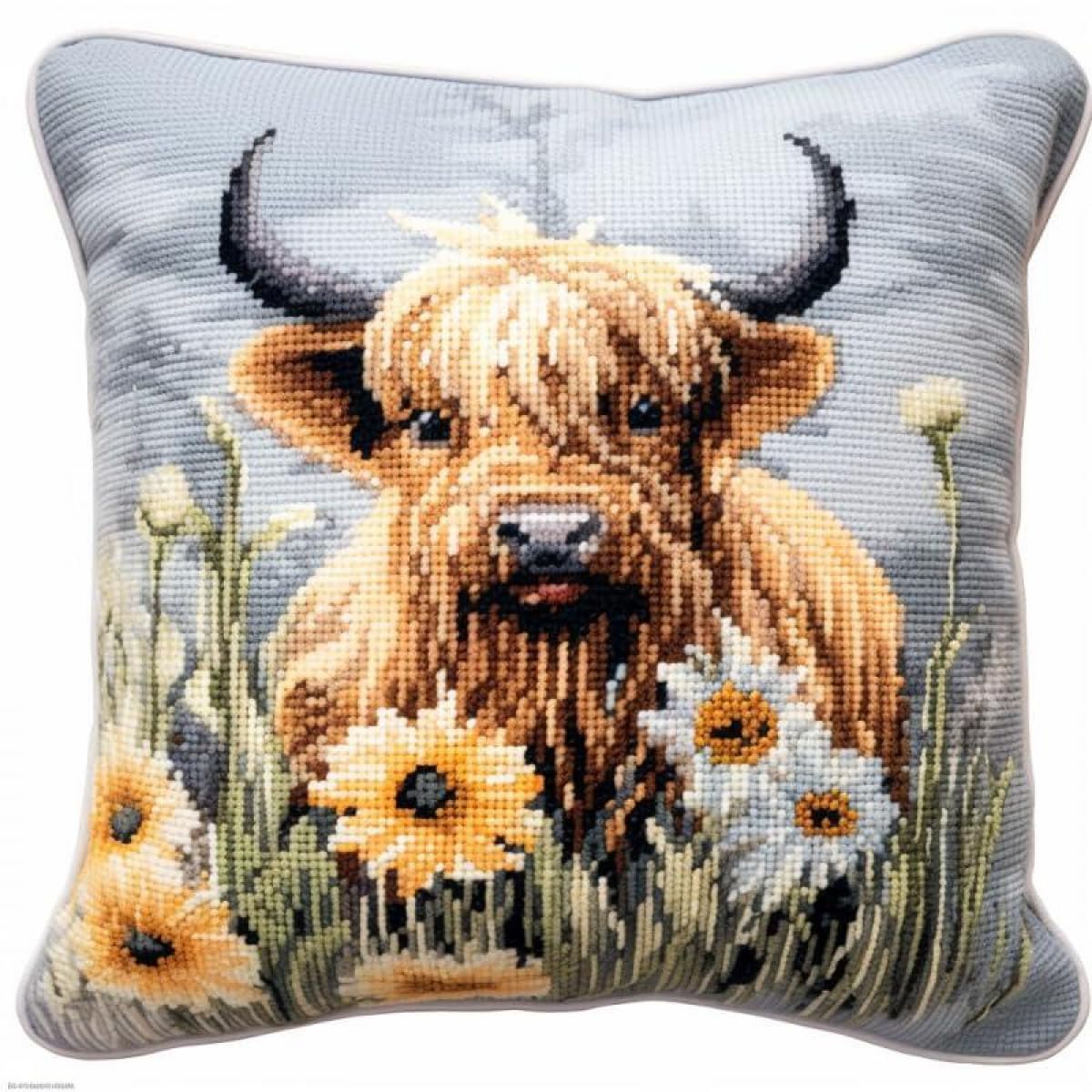 Taxpy E Diy Latch Hook Kit Cushion Highland Cattl And Flowers Latch Hook Kits Pillow Animal Diy Handmad Cushion Crochet Yarn Mbroidery Latch Kit Pillowcas 17X17in B