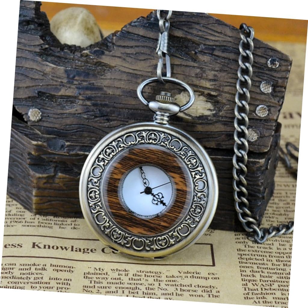 NOLITOY Vintage Mechanical Pocket Watch with Hollow Cover, Bronze Alloy Quartz Chain Pocket Watch for Men, Antique Style Large Wooden Grain Pattern Suitable for Daily Wear