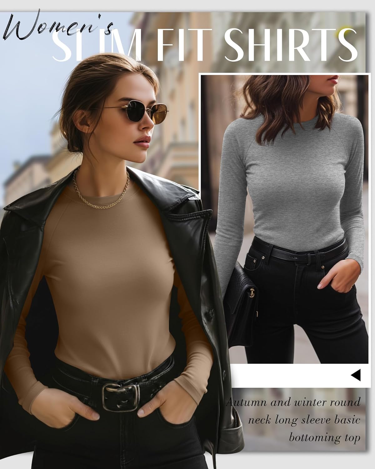 4 Pack Women's Long Sleeve Shirt Slim Fit Crew Neck Tops Casual Basic Stretch Cotton Blend Fall Going Out Outfits - Image 3