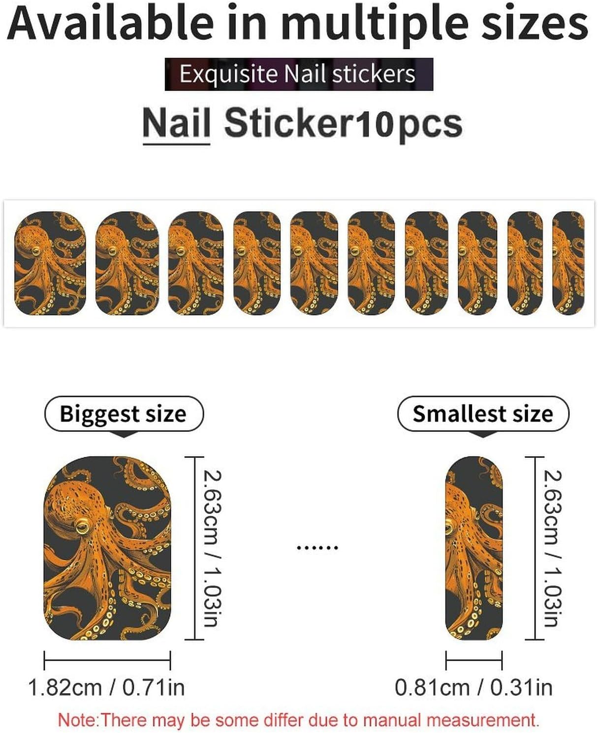100 Pieces Full Nail Wraps Self-Adhesive Gel Nail Stickers for Women | Orange Octopus Pattern Nail Strips, UV Free, Chip Resistant, Waterproof Full Cover, Long Lasting Nail Decals