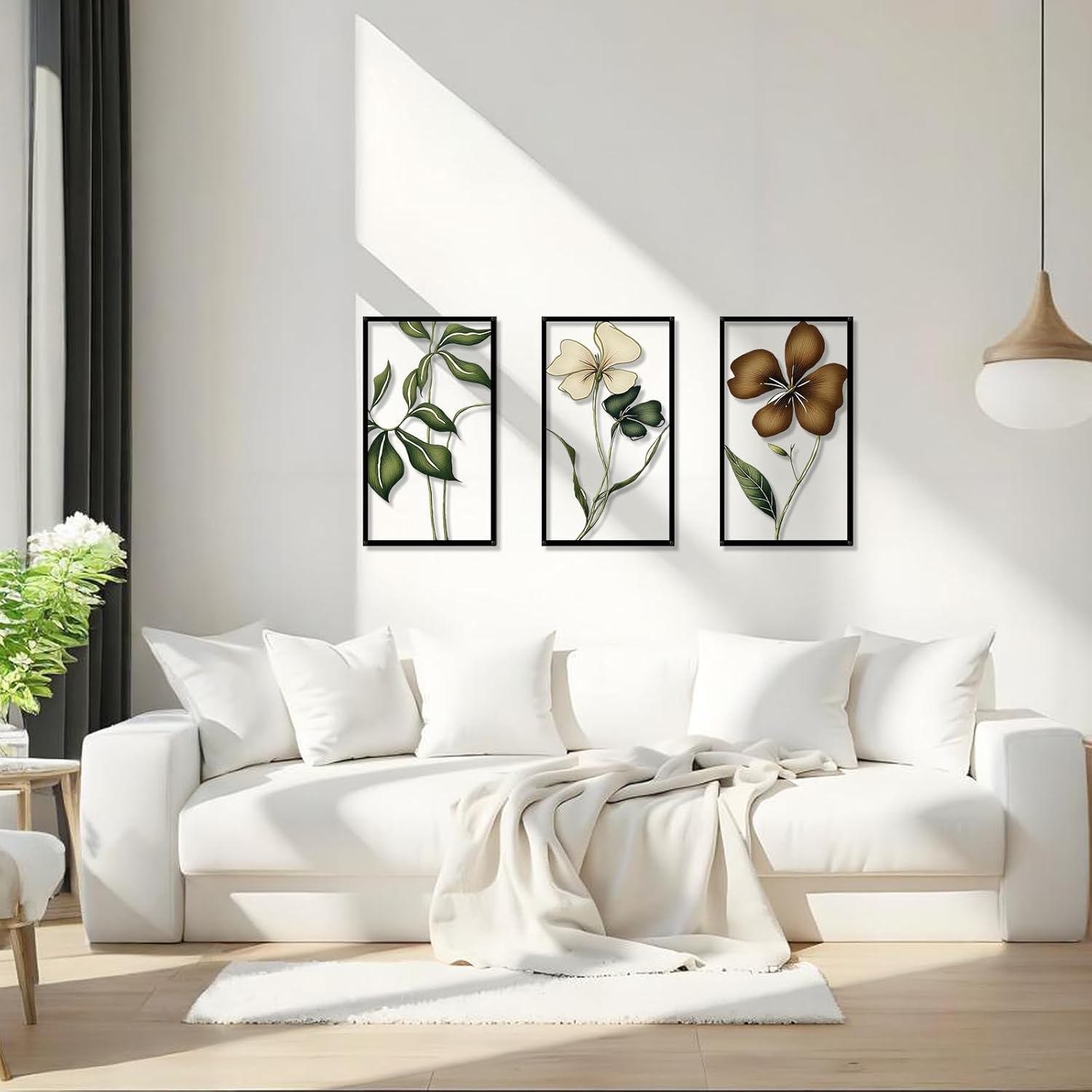 3Pcs Metal Floral Wall Art 3D Minimalist Wall Art Modern Abstract Flower Hanging Sculptures Minimalist Botanical Home Decor for Living Room Bathroom Kitchen Housewarming Gifts. (Size:17 * 9.8in)