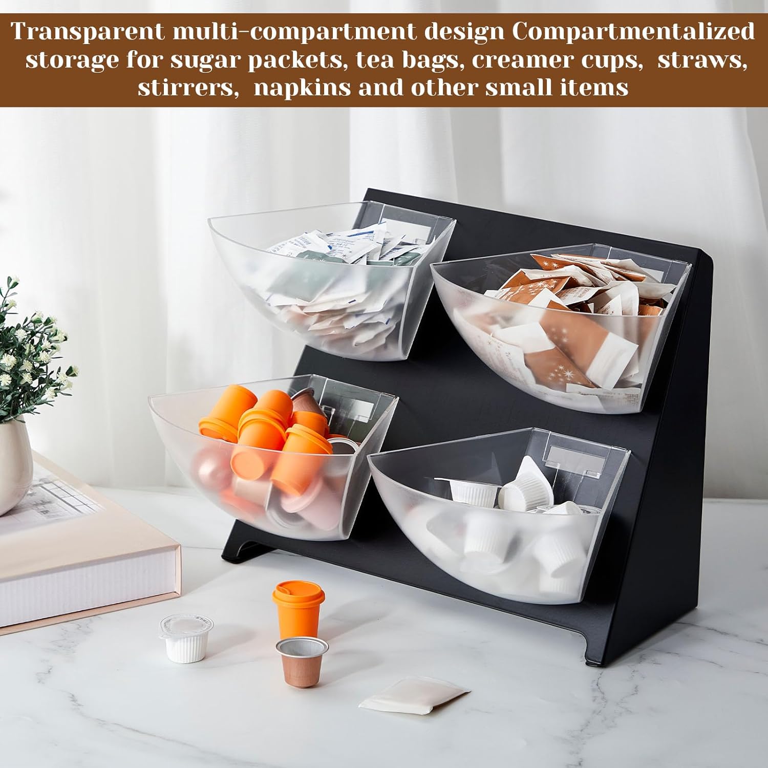 15.5''x10''x 10.5'' Coffee Condiment Packet Organizer with 4 Removable Compartments Steel Coffee Caddy Station Creamer Sugar Tea Holder for Bar Countertop Office Kitchen Accessories(Black)