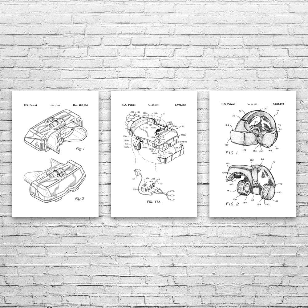 VR Headset Patent Posters Set of 3 (9x12), VR Gift, Arcade Decor, Game Store Wall Art, Game Collector Gift, Virtual Reality Black & White